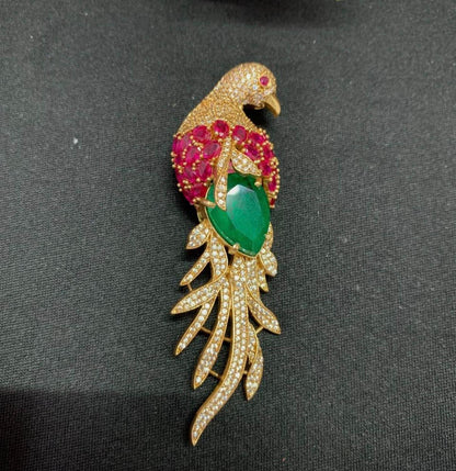 Emerald Ruby Gemstone Feather Studded Bird Brooch