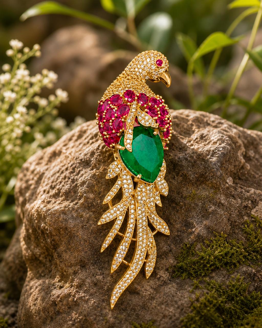 Emerald Ruby Gemstone Feather Studded Bird Brooch