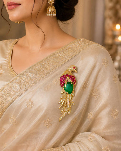 Emerald Ruby Gemstone Feather Studded Bird Brooch