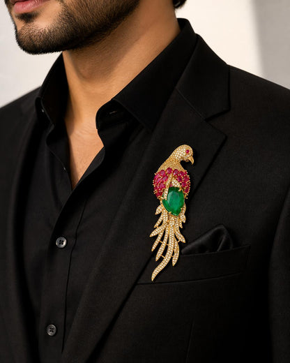 Emerald Ruby Gemstone Feather Studded Bird Brooch
