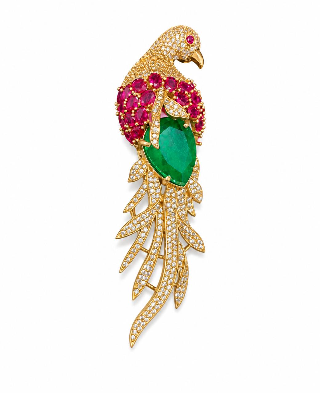 Emerald Ruby Gemstone Feather Studded Bird Brooch