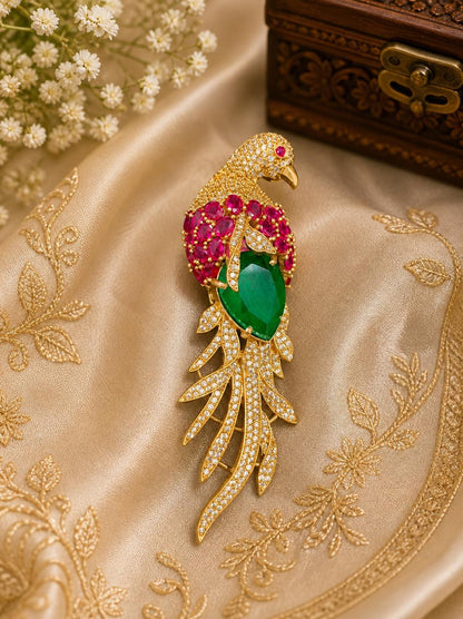 Emerald Ruby Gemstone Feather Studded Bird Brooch