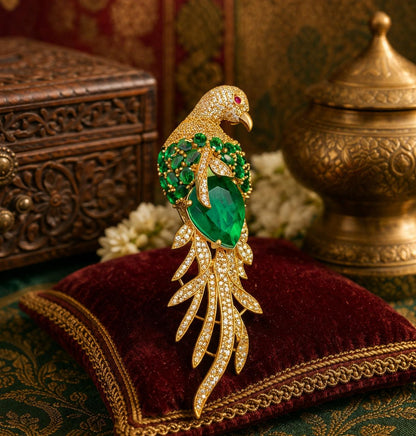 Emerald Gemstone Feather Studded Bird Brooch