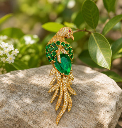 Emerald Gemstone Feather Studded Bird Brooch