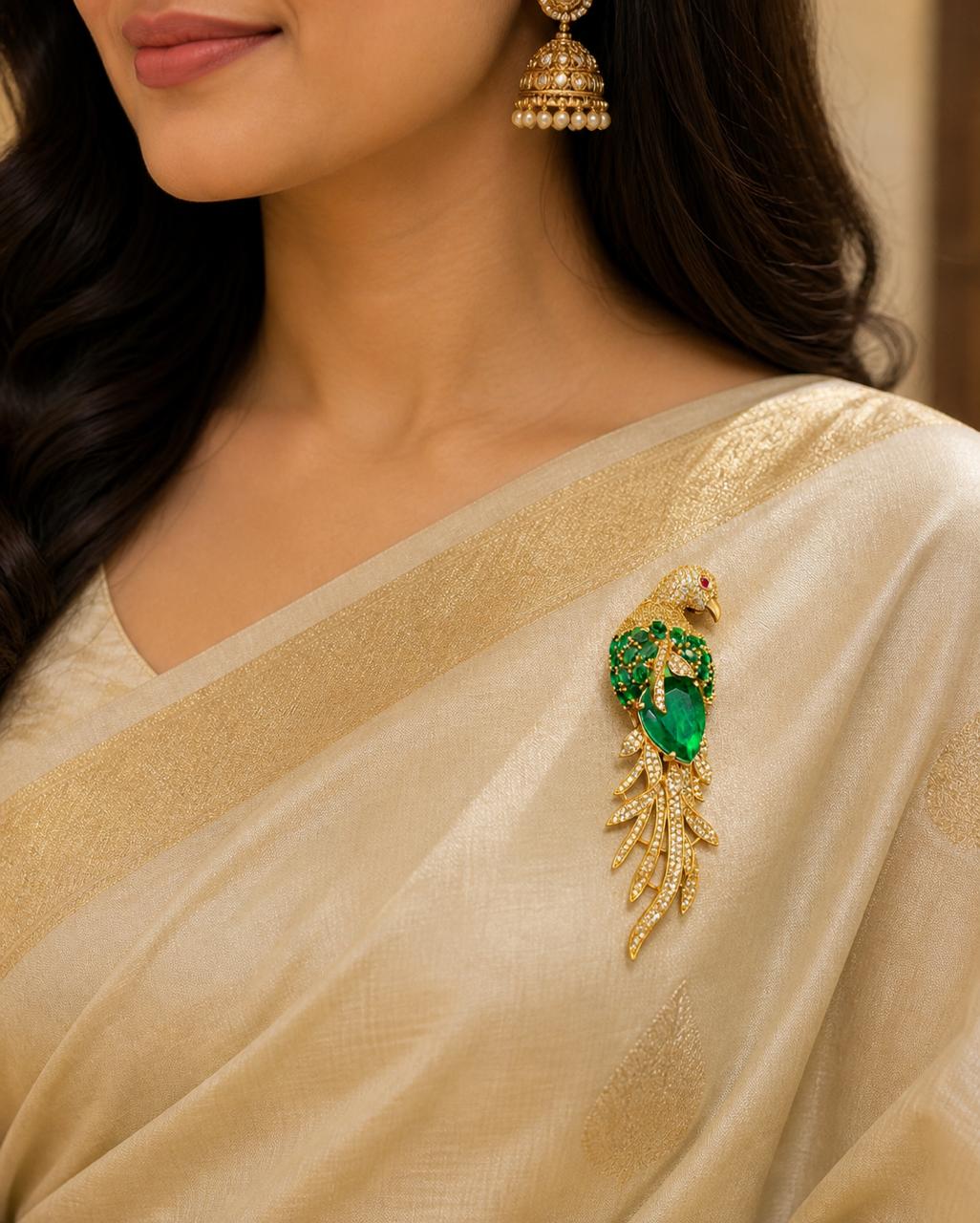 Emerald Gemstone Feather Studded Bird Brooch