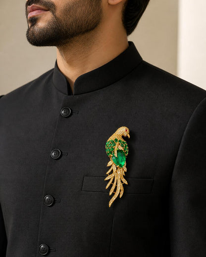 Emerald Gemstone Feather Studded Bird Brooch