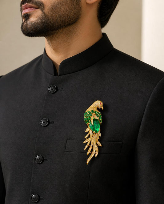 Emerald Gemstone Feather Studded Bird Brooch