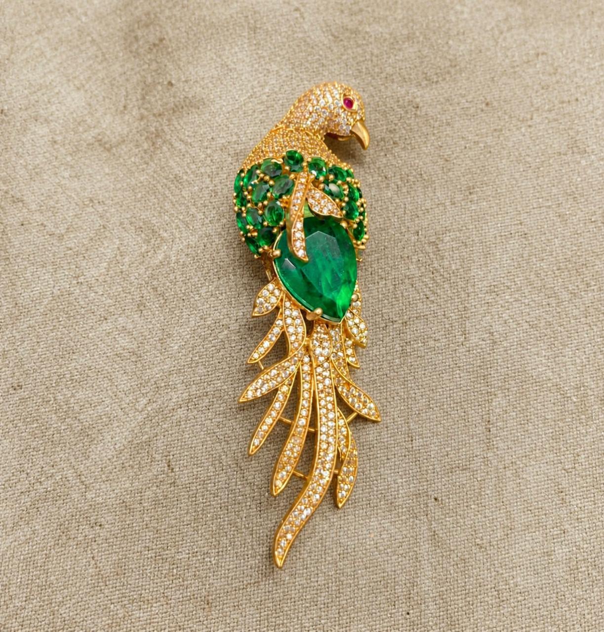 Emerald Gemstone Feather Studded Bird Brooch
