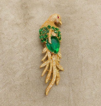 Emerald Gemstone Feather Studded Bird Brooch