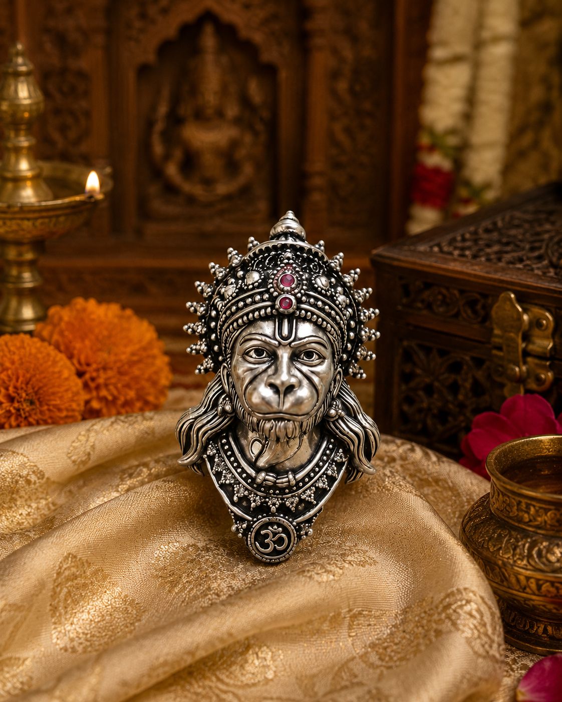 Antique Silver Plated Lord Hanuman Bajrang Bali Face Brooch