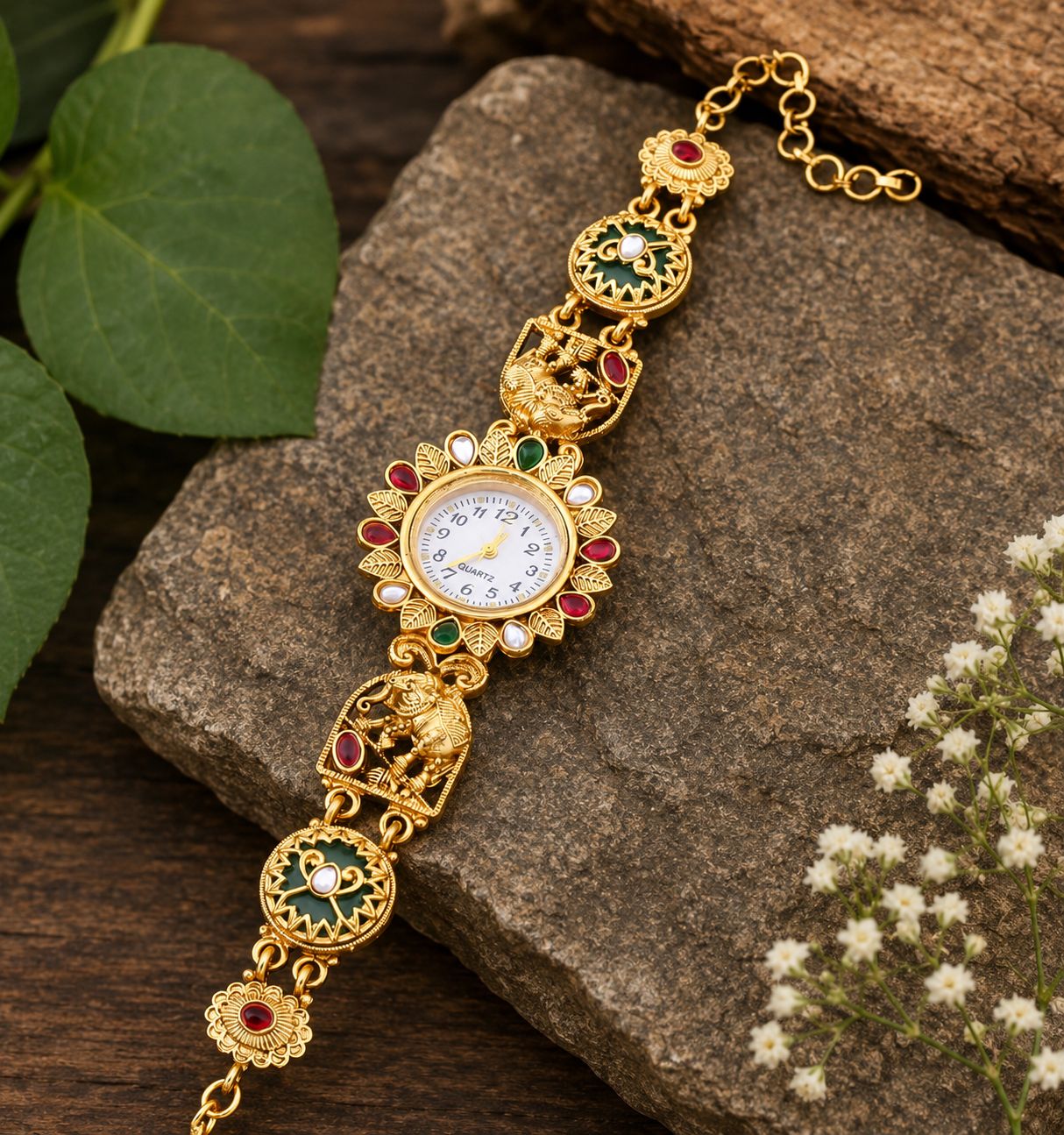 Gold Tone Traditional Kundan Inspired Stonework Kashmiri Watch