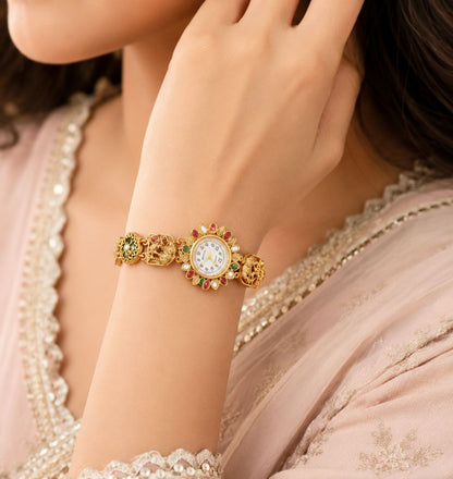 Gold Tone Traditional Kundan Inspired Stonework Kashmiri Watch