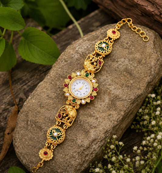 Gold Tone Traditional Kundan Inspired Stonework Kashmiri Watch