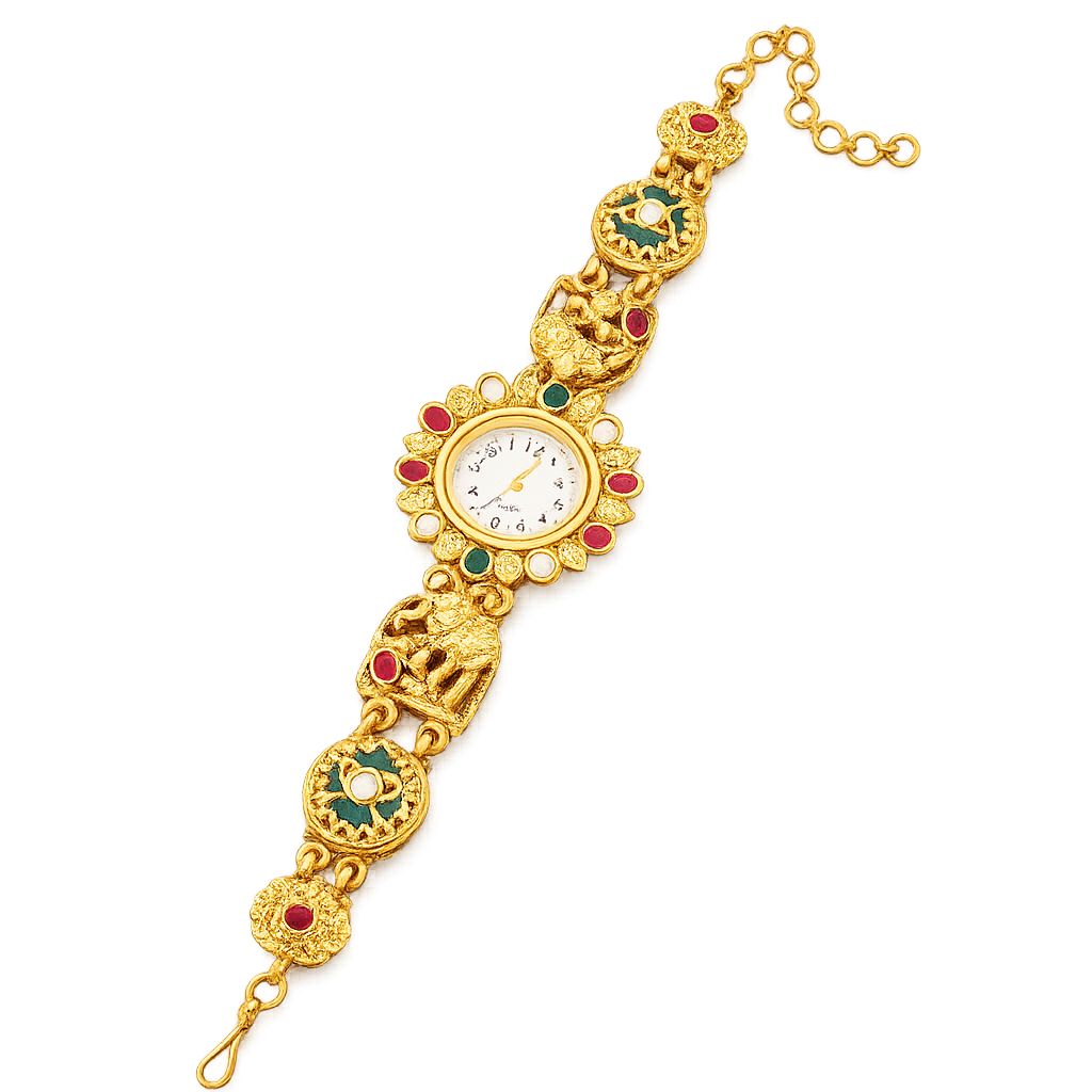 Gold Tone Traditional Kundan Inspired Stonework Kashmiri Watch