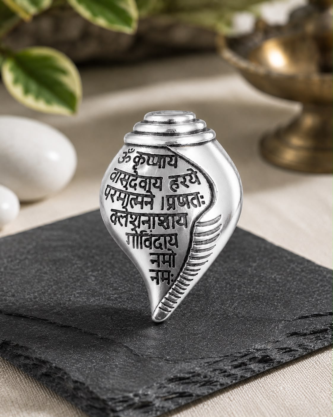 Silver Plated Shankh (conch shell) Features Sacred Krishna Mantra Engraved  Brooch