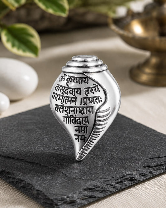 Silver Plated Shankh (conch shell) Features Sacred Krishna Mantra Engraved  Brooch