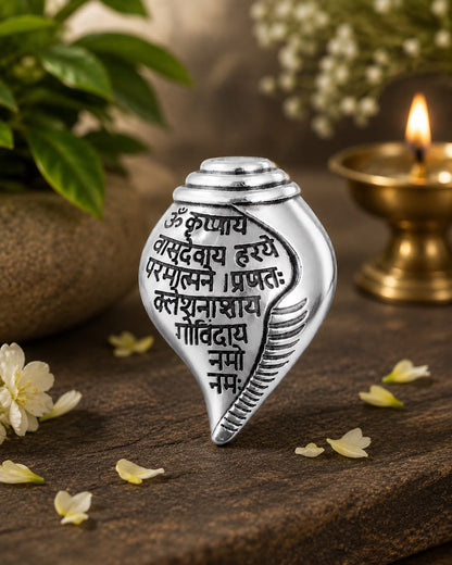 Silver Plated Shankh (conch shell) Features Sacred Krishna Mantra Engraved  Brooch