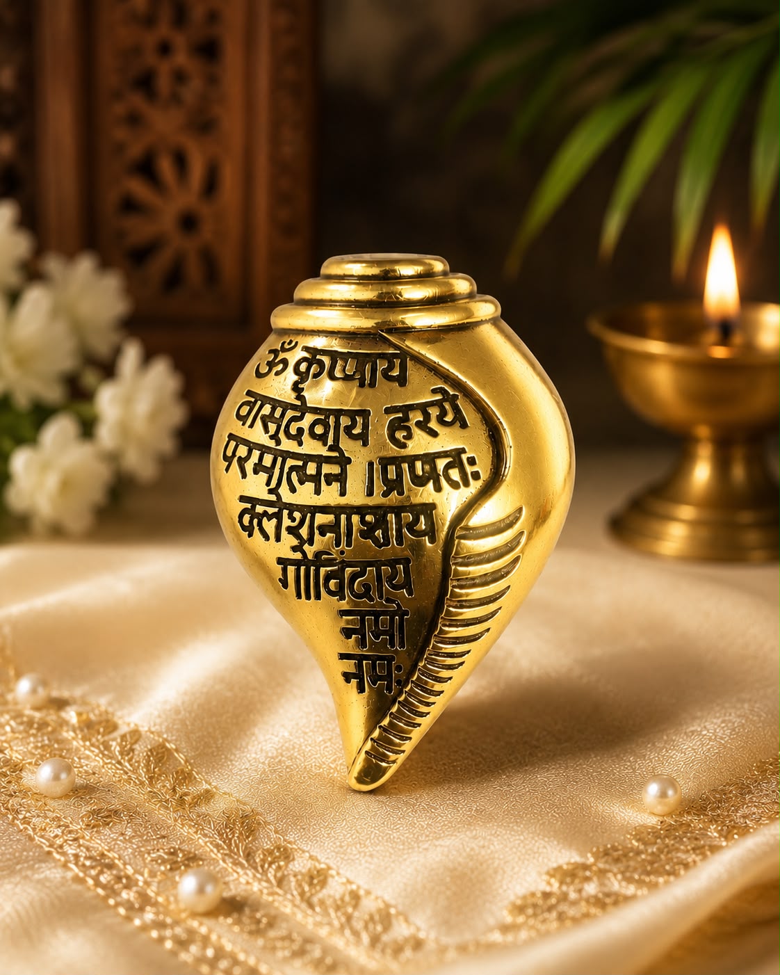 Gold Plated Shankh (conch shell) Features Sacred Krishna Mantra Engraved  Brooch