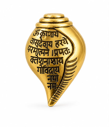 Gold Plated Shankh (conch shell) Features Sacred Krishna Mantra Engraved  Brooch