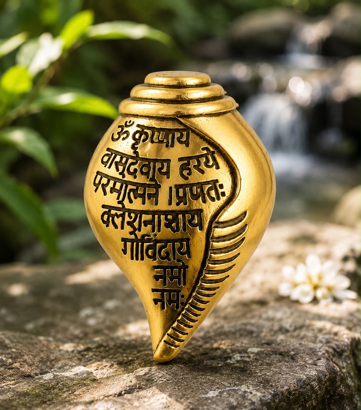 Gold Plated Shankh (conch shell) Features Sacred Krishna Mantra Engraved  Brooch