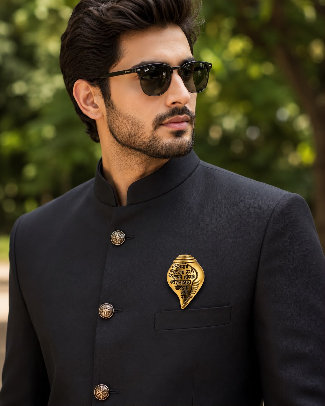 Gold Plated Shankh (conch shell) Features Sacred Krishna Mantra Engraved  Brooch