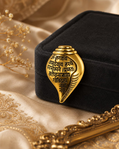 Gold Plated Shankh (conch shell) Features Sacred Krishna Mantra Engraved  Brooch
