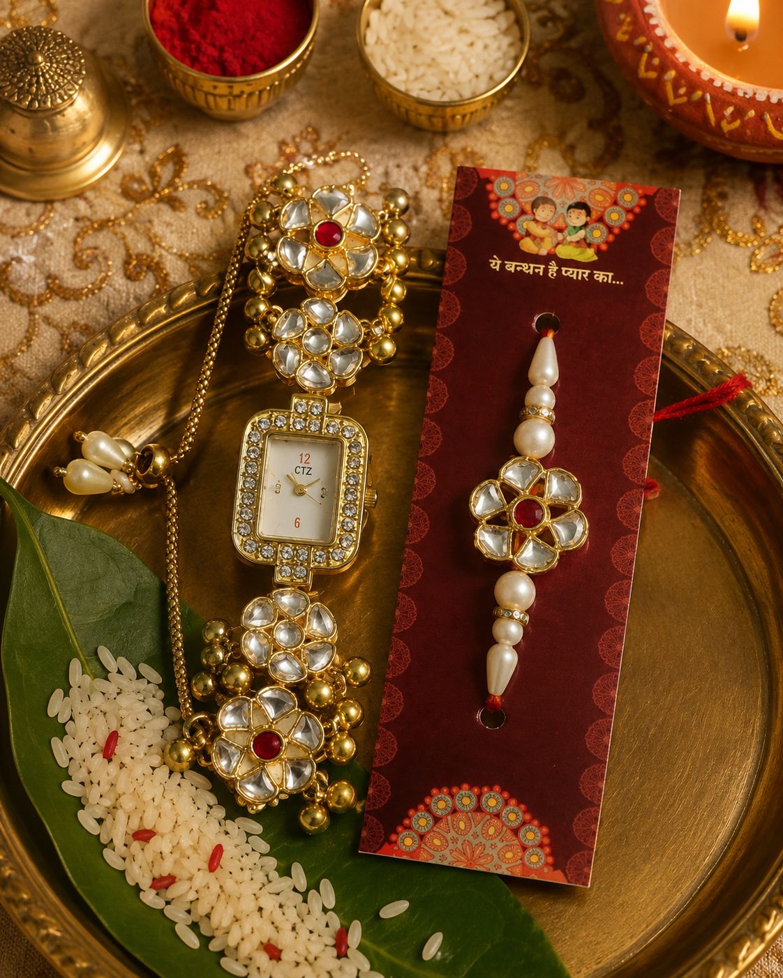 Kashmiri Traditional Watch with Kundan Rakhi Gold-Tone