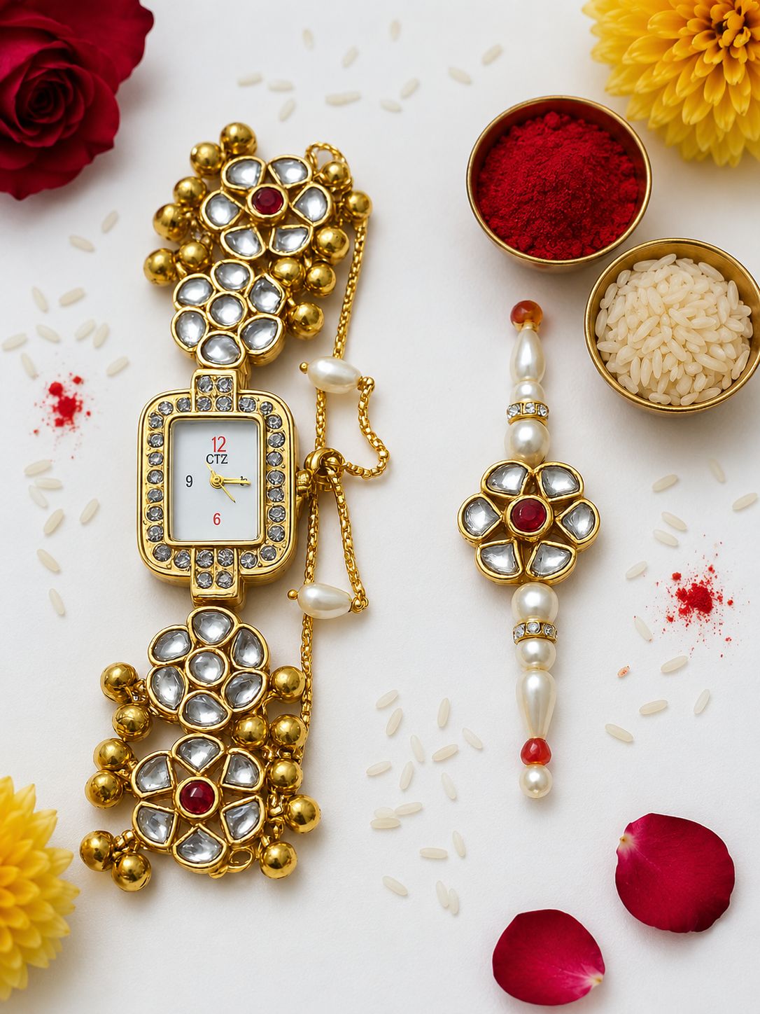 Kashmiri Traditional Watch with Kundan Rakhi Gold-Tone