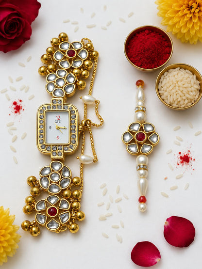 Kashmiri Traditional Watch with Kundan Rakhi Gold-Tone