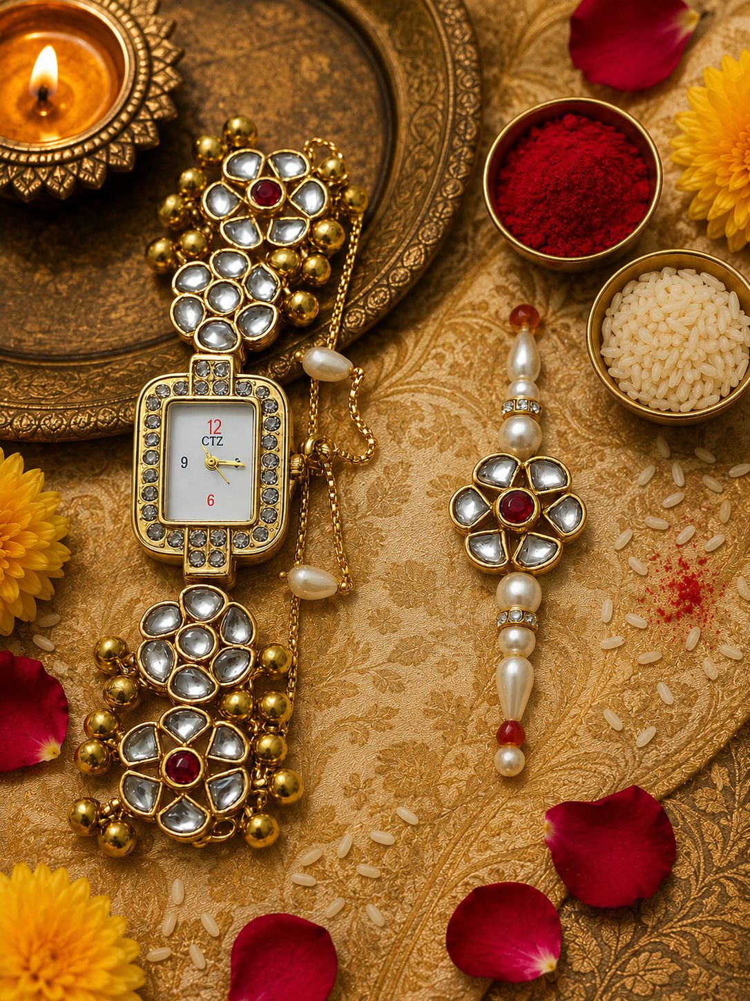 Kashmiri Traditional Watch with Kundan Rakhi Gold-Tone