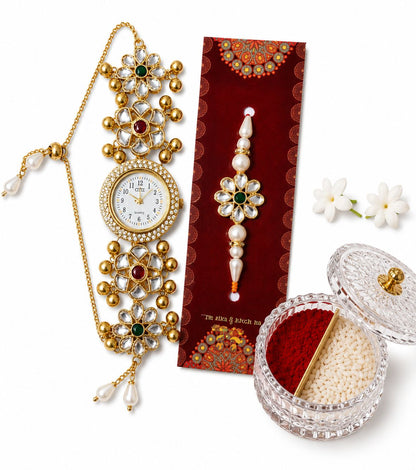 Kashmiri Bracelet Watch Gold-toned Lotus Pearl Rakhi