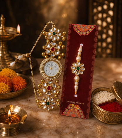 Kashmiri Bracelet Watch Gold-toned Lotus Pearl Rakhi