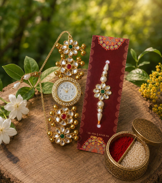 Kashmiri Bracelet Watch Gold-toned Lotus Pearl Rakhi