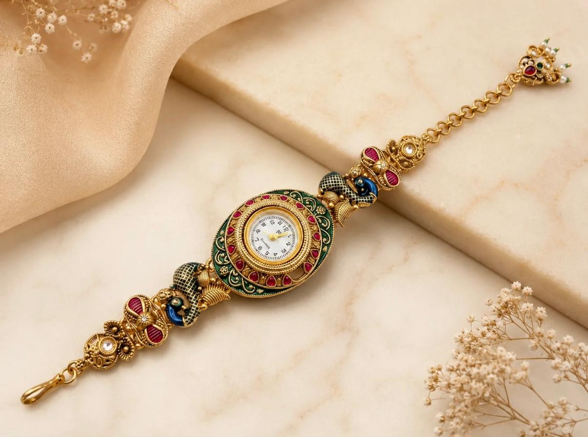 Ethnic Peacock Meenakari Enamel Ghungroo Watch Bracelet