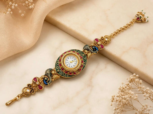 Ethnic Peacock Meenakari Enamel Ghungroo Watch Bracelet
