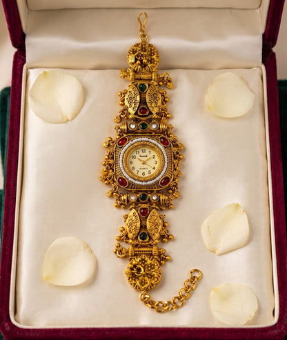 Temple Style Filigree Peacock Ghungroo Watch Bracelet