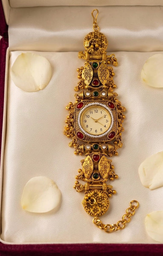 Temple Style Filigree Peacock Ghungroo Watch Bracelet