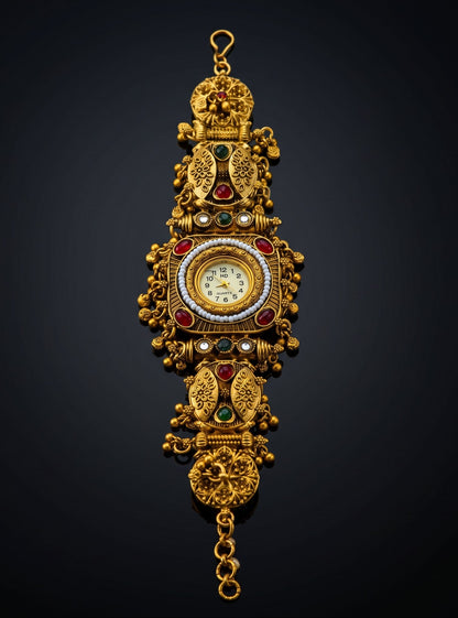 Temple Style Filigree Peacock Ghungroo Watch Bracelet