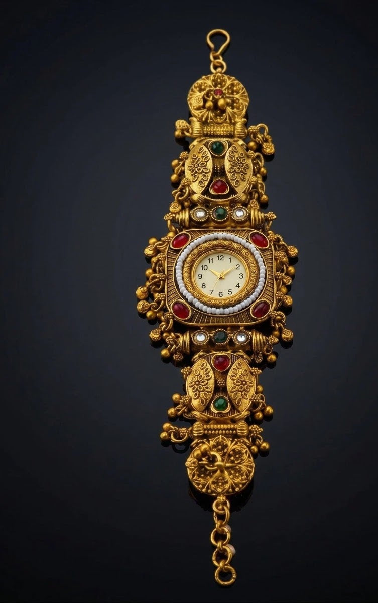 Temple Style Filigree Peacock Ghungroo Watch Bracelet