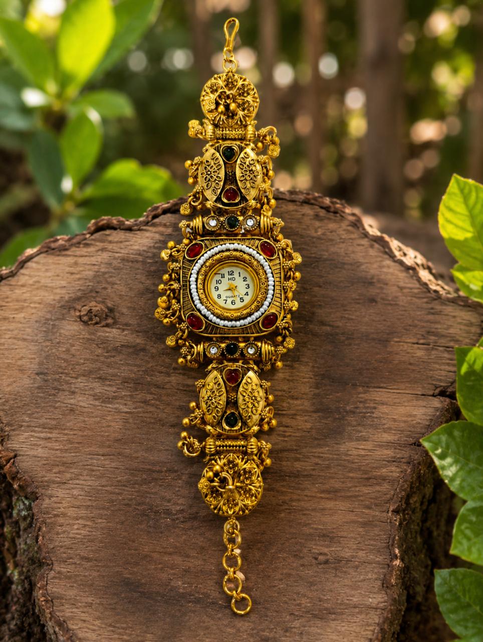 Temple Style Filigree Peacock Ghungroo Watch Bracelet