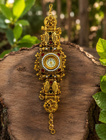 Temple Style Filigree Peacock Ghungroo Watch Bracelet