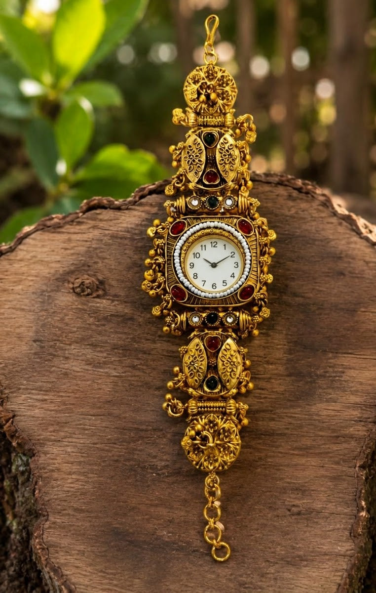 Temple Style Filigree Peacock Ghungroo Watch Bracelet