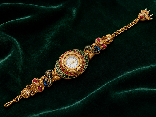 Ethnic Peacock Meenakari Enamel Ghungroo Watch Bracelet