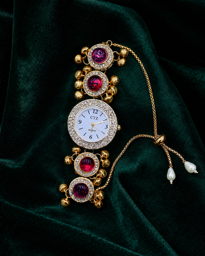 Ruby Red Kundan Ghungroo Jewellery Watch for Women with Pearl Drops