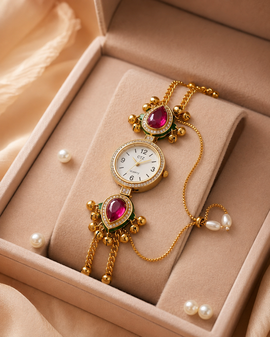 Ethnic Ruby Red Teardrop Ghungroo Jewellery Watch for Women