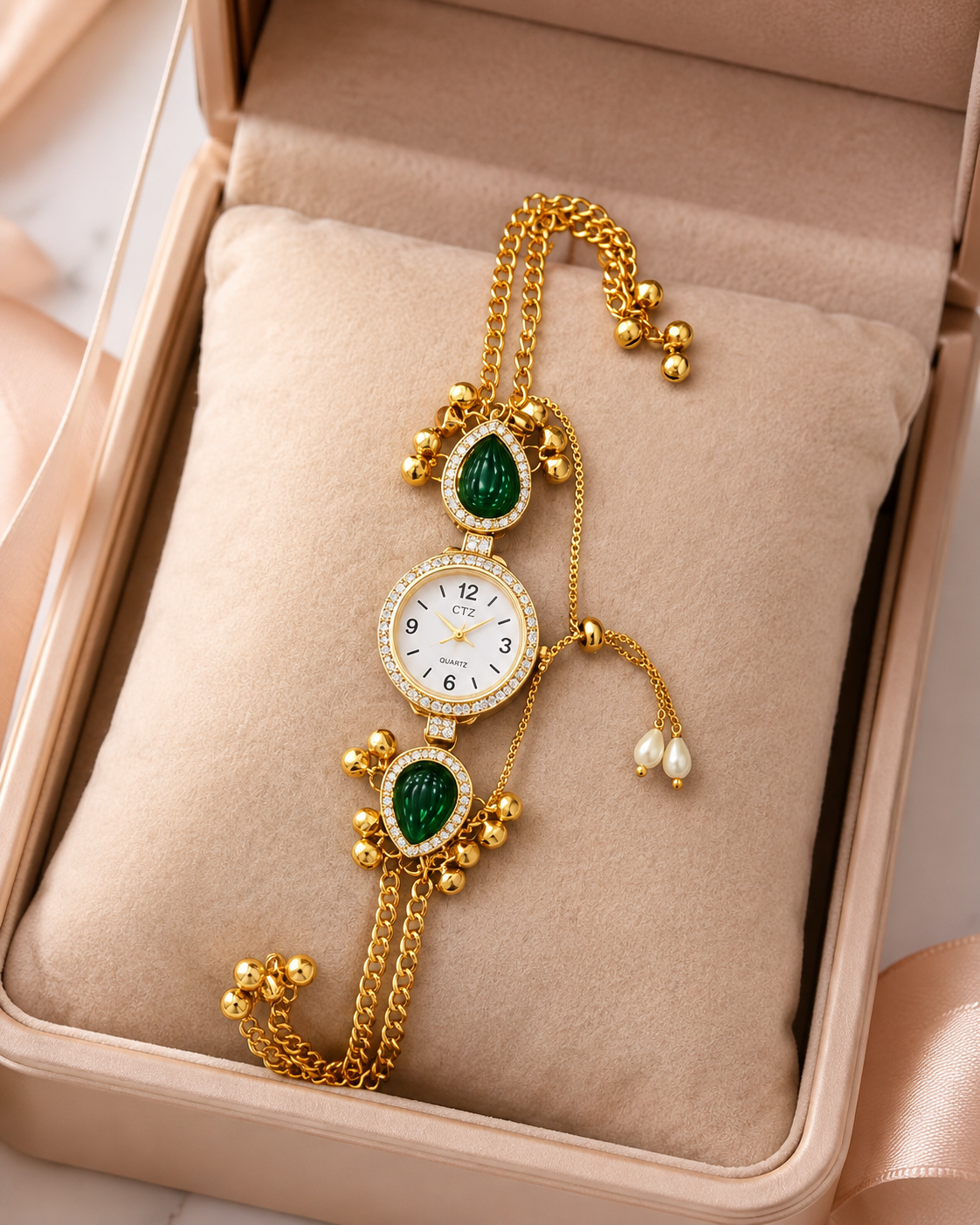 Ethnic Emerald Green Teardrop Ghungroo Jewellery Watch for Women