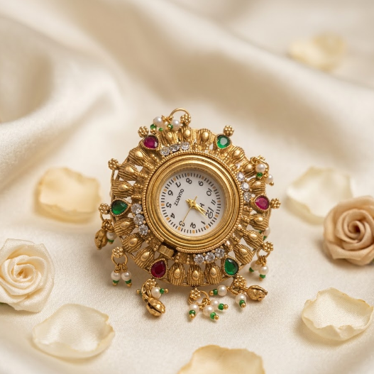 Ethnic Ruby Emerald Ghungroo Pearl Watch Ring