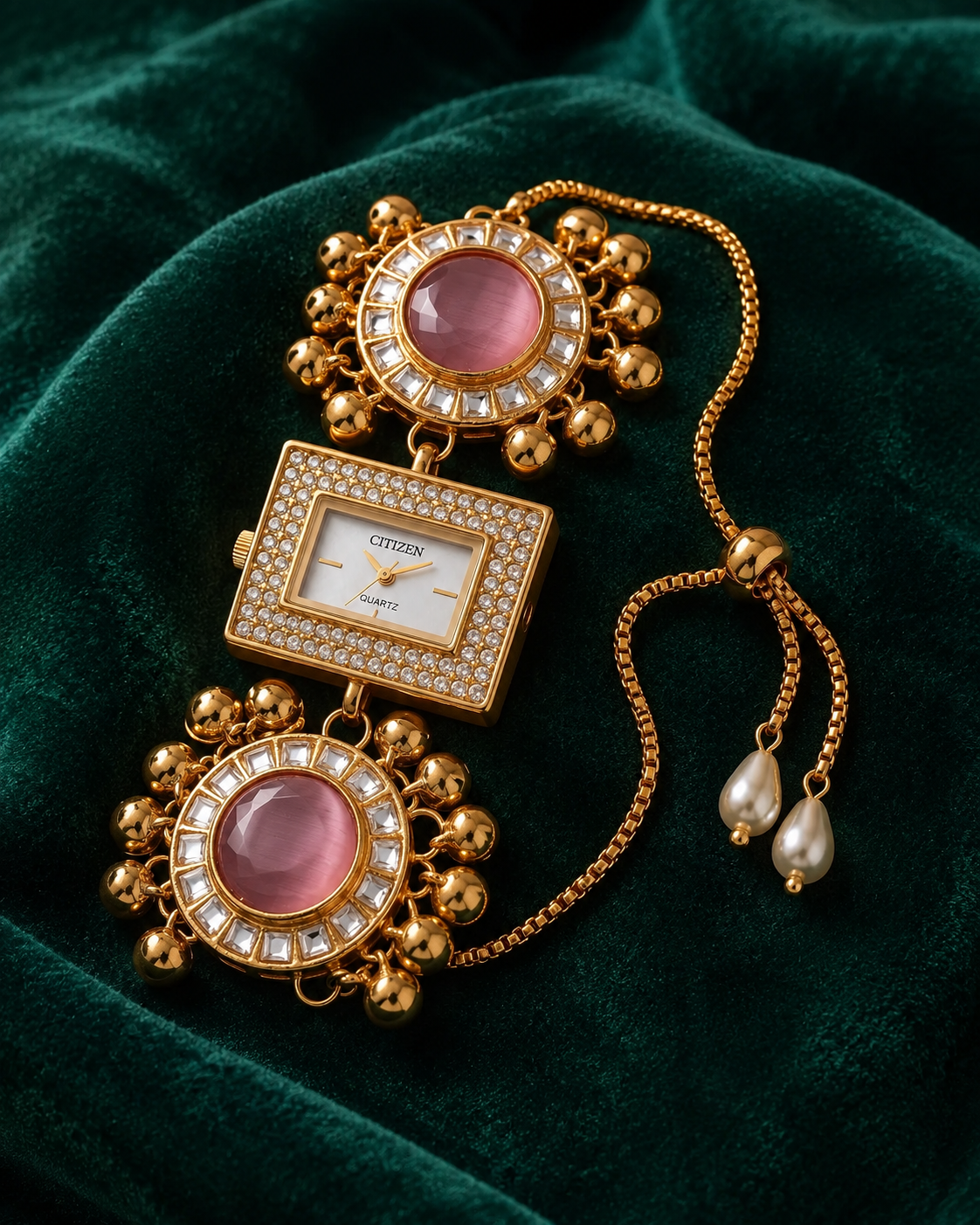 Ethnic Rectangular Pink Cat-Eye Ghungroo Jewellery Watch for Women