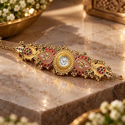 Ethnic Heritage Designer Timepiece - Peach Kundan Pair