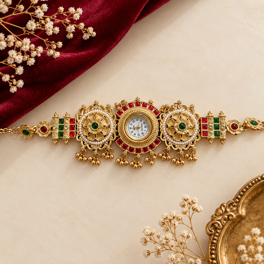 Ethnic Gold Temple Watch with Ruby & Emerald Stones
